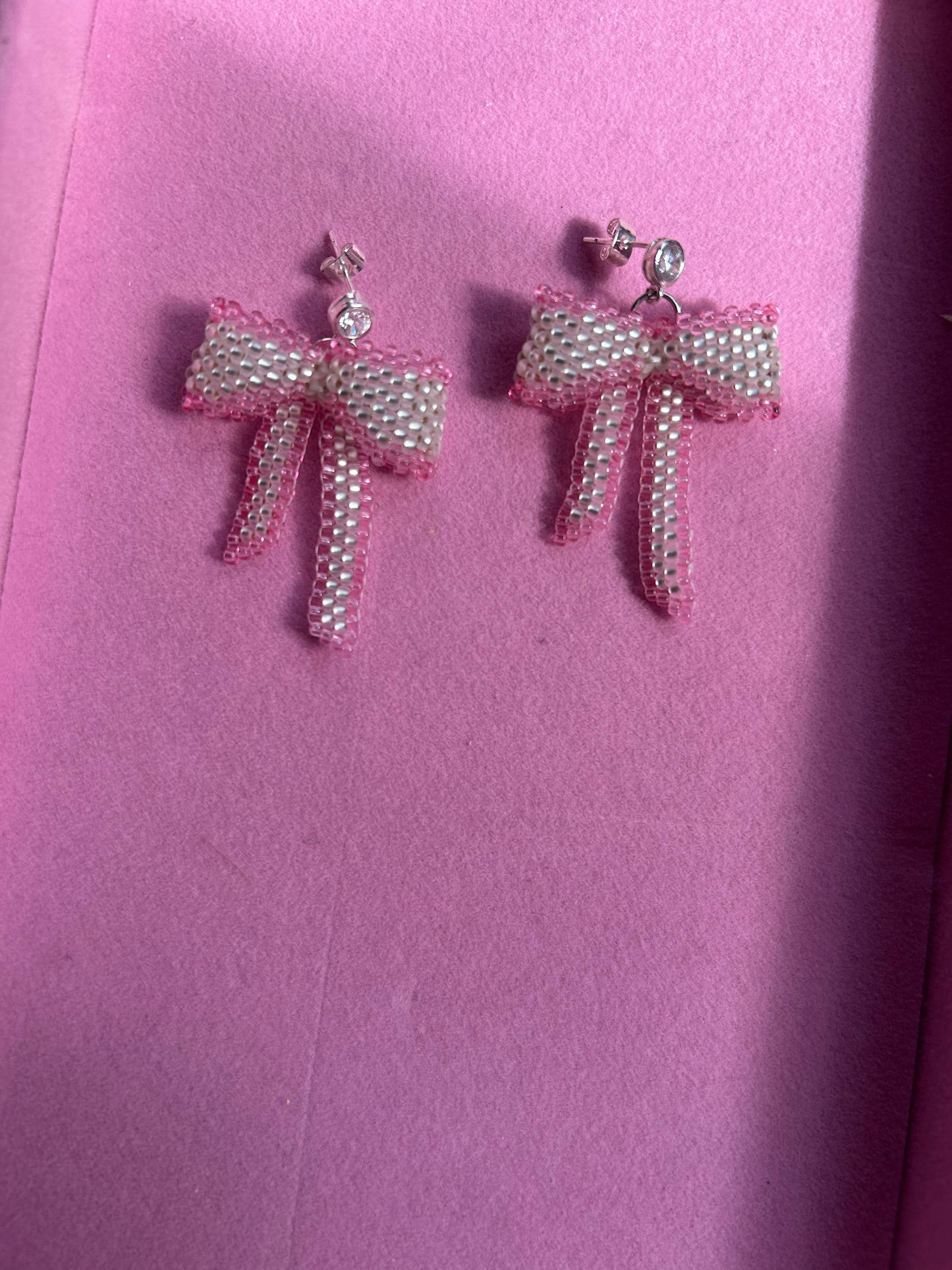 Silver and Pink Bow Diamanté Studs