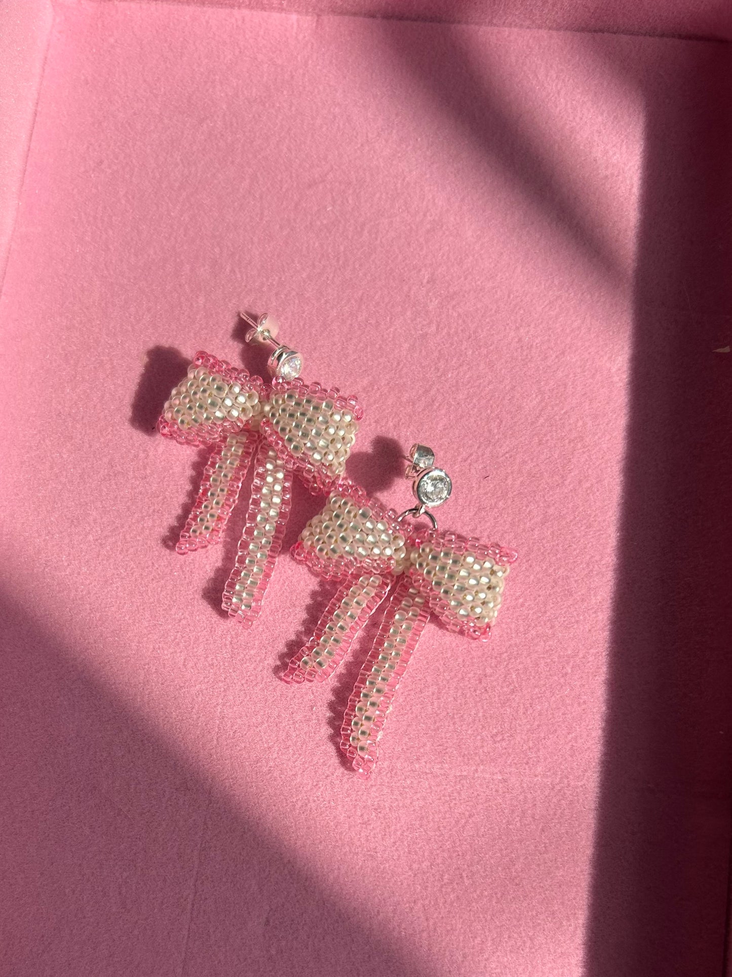 Silver and Pink Bow Diamanté Studs