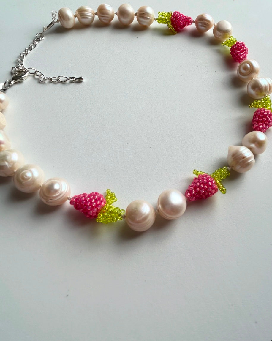 Raspberry and pearl necklace