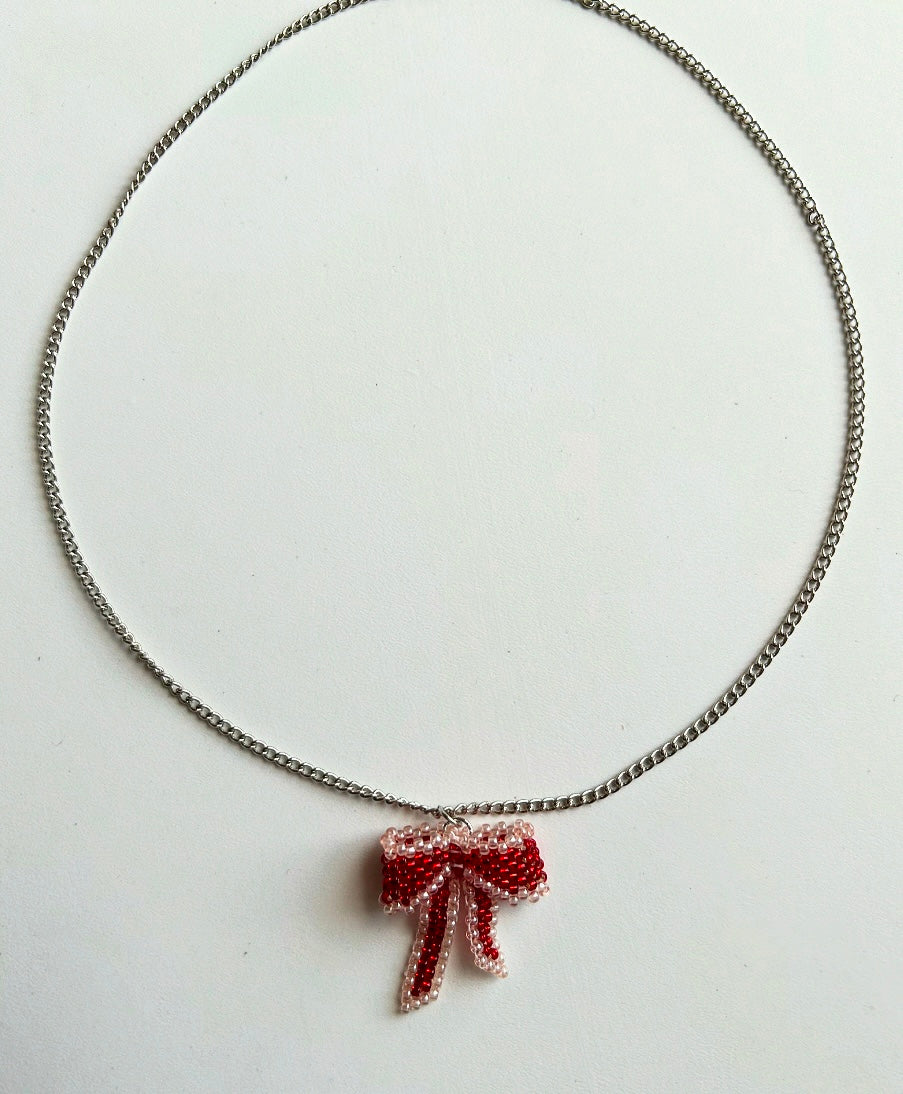Red and cream bow necklace
