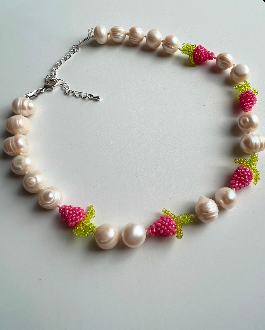 Raspberry and pearl necklace