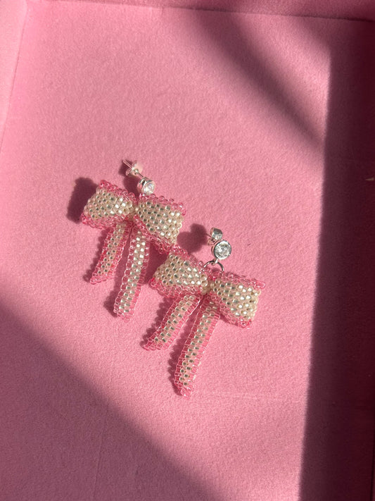 Silver and Pink Bow Diamanté Studs