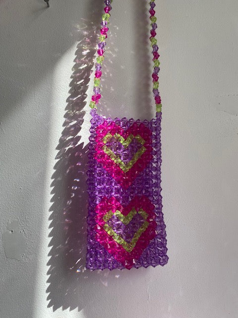 Heart bottle bag in purple, pink and green